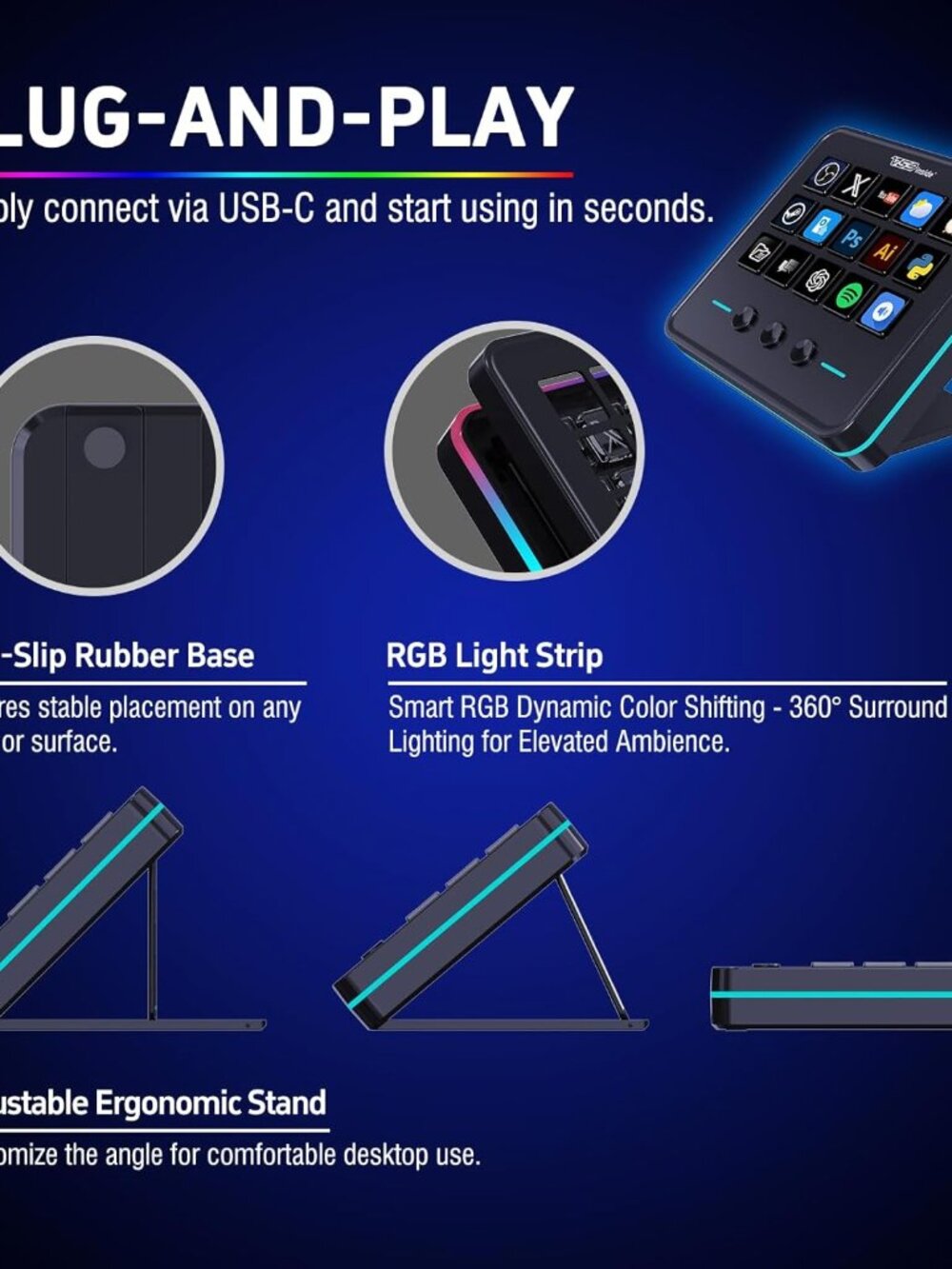 Macro Keypad, Stream Controller Deck Gaming Streaming Shortcut Keyboard, 18 Prog - Picture 4 of 9